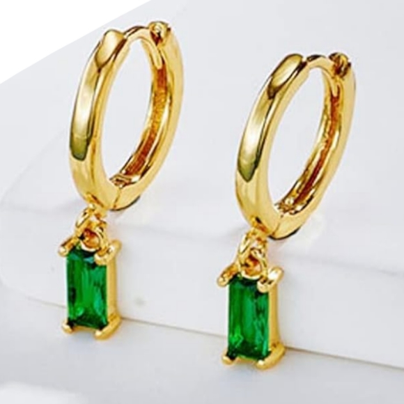 Emerald Crystal Rectangle Rhinestone Hoop Earrings Gold Mini Hoops CZ New - Picture 4 of 10